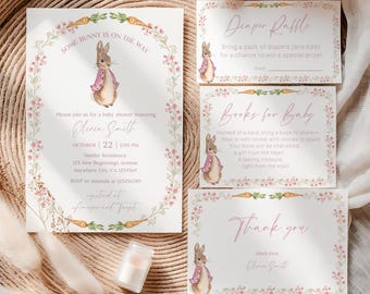 Pacchetto di inviti per baby shower a tema Peter Rabbit, modello per baby shower a tema "Un coniglietto è in arrivo", set per baby shower a tema Peter Rabbit rosa