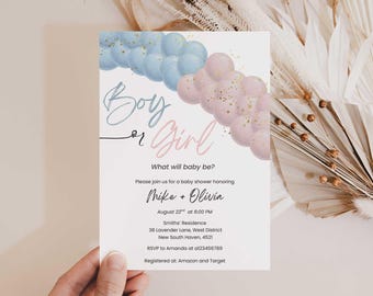 Balloons Gender Reveal Invitation, He or She, Boy or Girl, Minimalist Balloon Party Invite (Digital Download)