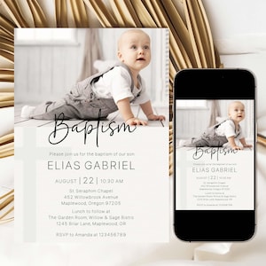 Editable Baptism Invitation with Photo, Minimalist Baptism Template with Photo, Gender Neutral Baptism Evite, Modern Baptism Photo Invite