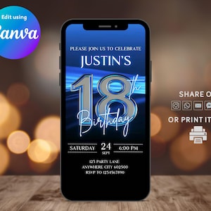 Invito digitale per il 18° compleanno per uomo, invito elettronico animato per il 18° compleanno, invito con design Blue Waves per il 18° compleanno, invito con download istantaneo auto-modificabile