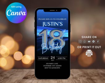 Digital 18th Birthday Invitation Men, Animated 18th E-vite, Blue Waves Design 18th Birthday Invite, Self-Editable Instant Download Invite