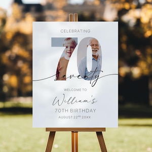 70th Birthday Welcome Sign with Photo, Gender Neutral Party Welcome Sign With Photo, Minimalist 70th Birthday Party Banner, Look Who&#39;s 70