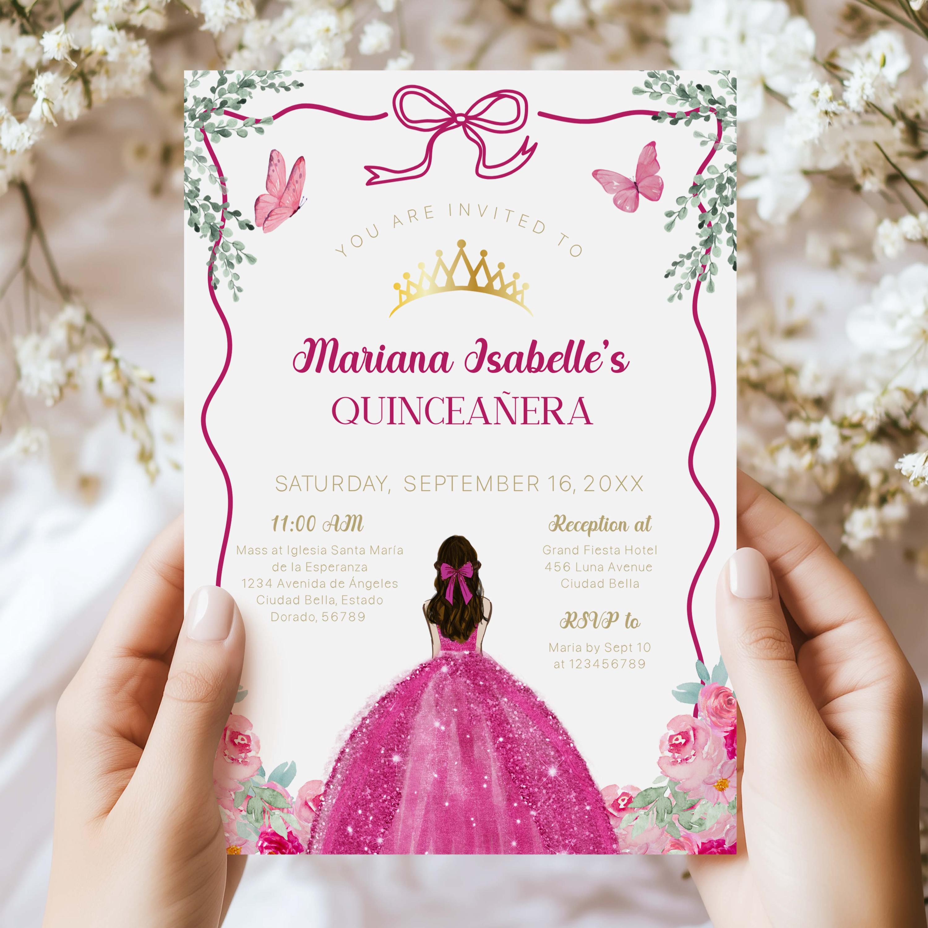 Fuchsia Pink Magenta Quinceañera Invitation, Floral Mis Quince Años Invite, Gold Tiara Bow Princess Design, Digital and Editable Invitation