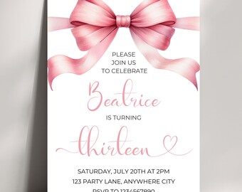 Pink Bow 13th Birthday Invitation, Coquette Party (Digital Download)