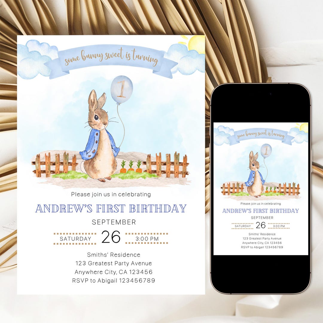 Editable Peter Rabbit Birthday Invitation Some Bunny is One Birthday ...