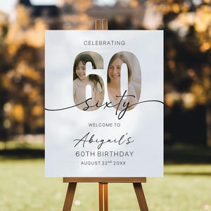 60th Birthday Welcome Sign with Photo, Minimalist 60th Birthday Party Banner, Gender Neutral Party Welcome Sign With Photo, Celebrating 60