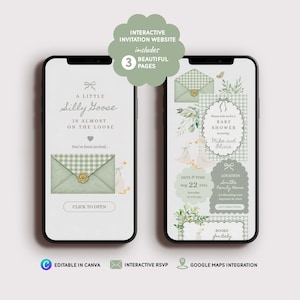 May include: Two smartphones displaying an interactive baby shower invitation website with a sage green gingham theme. The screens feature illustrations of geese, envelopes with wax seals, and text including A LITTLE Silly Goose IS ALMOST ON THE LOOSE.
