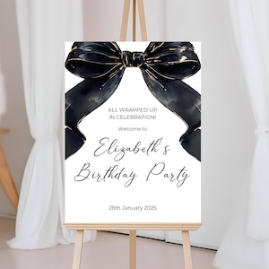Editable Black Bow Welcome Sign, Simple Elegant Black Ribbon Coquette Party Sign Template, 18th 30th 40th 50th Birthday Party