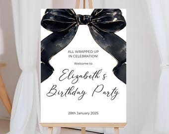 Editable Black Bow Welcome Sign, Simple Elegant Black Ribbon Coquette Party Sign Template, 18th 30th 40th 50th Birthday Party