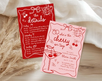 Editable Cherry On Top Bachelorette Invitation Itinerary, She's The Cherry On Top Bachelorette Weekend Template, Cherry Cocktail Bach Party