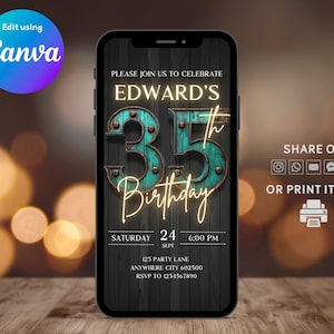 Digital 35th Birthday Invitation Men, Animated 35th E-vite, Rustic Blue 35th Birthday Invite, Self-Editable Instant Download Invitation