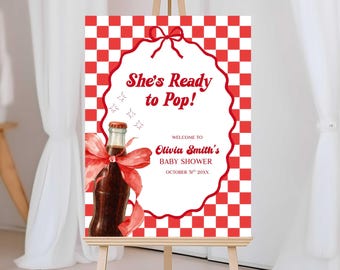 Letrero de bienvenida para baby shower "She's Ready To Pop", póster de bienvenida con temática de refresco rojo y blanco (descarga digital)
