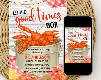 Seafood Boil Invitation Template, Editable Crawfish Boil Party Invite, Shrimp Crab Lobster Seafood Party Invitation, Let the Good Times Boil