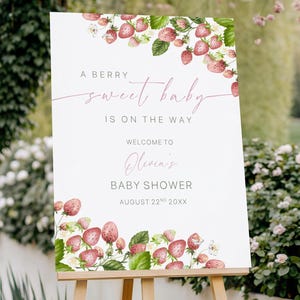 Berry Sweet Baby Shower Welcome Sign Template, Strawberry Baby Shower Welcome Poster, A Berry Sweet Baby Is On The Way Girl Baby Shower