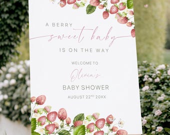 Strawberry Baby Shower Welcome Sign, Berry Sweet Theme (Digital Download)