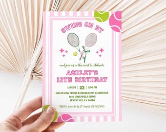 Tennis verjaardagsuitnodiging meisje, roze strepen, gameset match (digitale download)