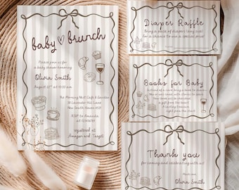 Baby Brunch Baby Shower Invitation Bundle, Neutral Beige Breakfast Lunch Theme, Editable Hand Drawn Party Template Set (Digital Download)
