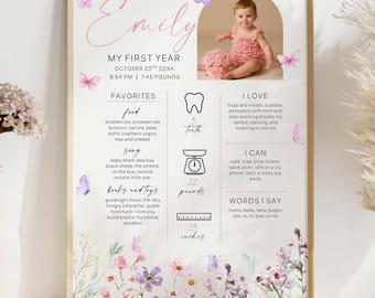 Butterfly First Birthday Milestone Poster: Pastel Flowers (Digital Download)
