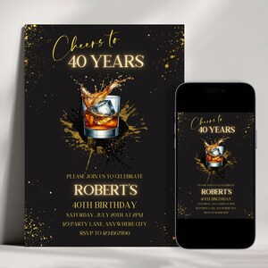 Invitación de cumpleaños editable de whisky, invitación de cumpleaños para hombres adultos, invitación imprimible de licor escocés de coñac para cualquier edad de 30, 40, 50 y 60 años