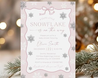 Inbjudan till babyshower med rosa snöflingor, inbjudan till vinterflicka (digital nedladdning)
