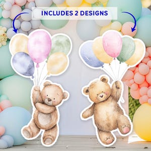 Recorte imprimible de oso de peluche grande, decoración para fiesta de oso de peluche, decoración de oso de peluche con globos pastel, decoración de oso de peluche para cumpleaños y baby shower.