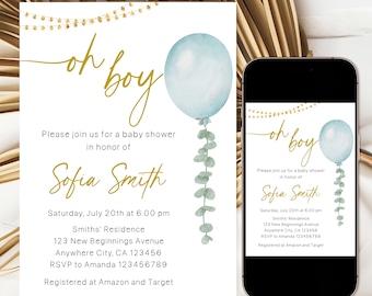 May include: A baby shower invitation with a blue balloon and gold lettering that says "oh boy". The invitation includes the date, time, location, and RSVP information. It also says "Registered at Amazon and Target".