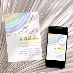 Over The Rainbow Birthday Invitation, Editable Pastel Rainbow Birthday Invitation Any Age, Rainbow Birthday Invitation Girl Instant Download