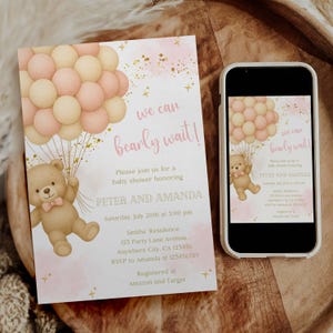 Teddy Bear Girl Baby Shower Invitation, Pink Balloon Bear Baby Shower Invite, We Can Bearly Wait Baby Shower Template, Girl Baby Shower