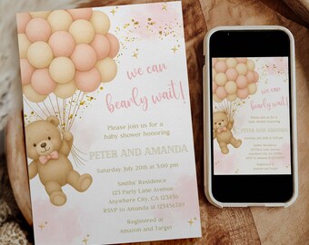 Teddy Bear Girl Baby Shower Invitation, Pink Balloon Bear Baby Shower Invite, We Can Bearly Wait Baby Shower Template, Girl Baby Shower