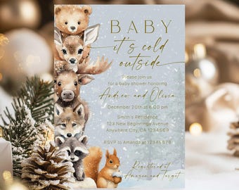 Invito per baby shower nel bosco invernale, modello Baby It's Cold Outside, invito per baby shower con animali del bosco, stampabile per baby shower invernale