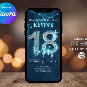 Digital 18th Birthday Invitation Men, Animated 18th E-vite, Neon Blue Metallic Design 18th Birthday, Self-Editable Instant Download Invite