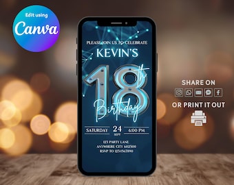 Digital 18th Birthday Invitation Men, Animated 18th E-vite, Neon Blue Metallic Design 18th Birthday, Self-Editable Instant Download Invite
