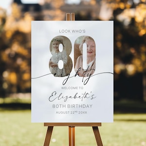 Editable 80th Birthday Welcome Sign with Photo, Minimalist 80th Birthday Poster, Gender Neutral Party Welcome Sign With Photo, Look Who&#39;s 80