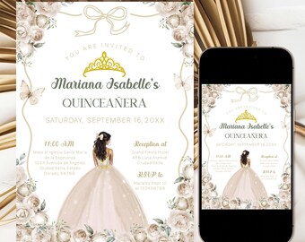 May include: A Quinceañera invitation with a floral design. The invitation features a gold crown, butterflies, and a young woman in a white dress. The text on the invitation reads "You are invited to Mariana Isabelle's Quinceañera, Saturday, September 16, 20XX".