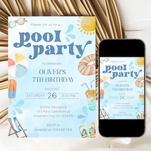 May include: A pool party invitation with watercolor illustrations of a beach ball, sunglasses, and a sun. The invitation reads "Pool Party" and "Oliver's 7th Birthday" with the date and time.