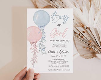 Pink and Blue Balloon Gender Reveal Invitation, Baby Boy or Baby Girl Invite, Minimalist Balloons Party Template (Digital Download)