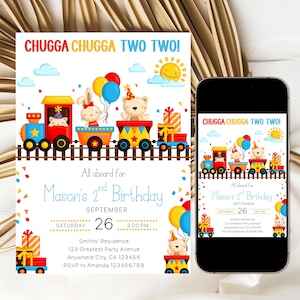 Chugga Chugga Two Two Birthday Invitation Template, Train 2nd Birthday Invitation Boy, Colorful Animal Train Birthday Party Invitation