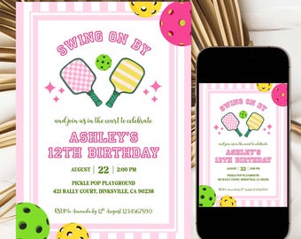 Editable Pickleball Birthday Invitation, Let's Hit the Court Party Invite Girl, Pink Stripes Pickleball Party Invitation Instant Download