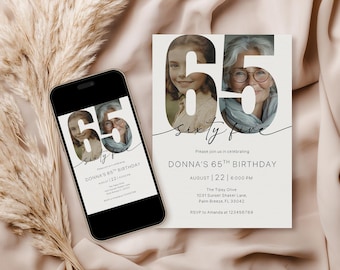 May include: A smartphone and a printed invitation for a 65th birthday celebration. The invitation features a photo of a woman, the number 65, and the words "Sixty Five". The invitation includes event details.