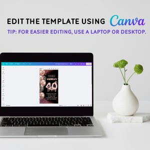 May include: A laptop computer displaying a Canva design template for a 40th birthday party invitation. The invitation features a black background with gold and pink balloons and the text "ANDREA'S 40".