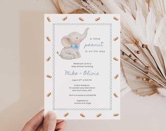 Blue Elephant Baby Shower Invitation, Little Peanut Party Template, Baby Elephant with Blue Bow Boy Invite (Digital Download)