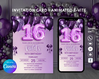 Purple Sweet 16 Digital Invitation, Animated Sweet 16 E-vite, Purple Glitter Balloons 16th Birthday Invitation, Self-Editable Invitation