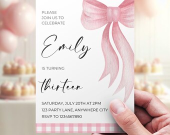 Pink Bow 13th Birthday Invitation, Coquette Theme (Digital Download)