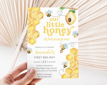 First Bee-Day Birthday Invitation, Bee Honeycomb 1st Birthday Invite, Gender Neutral 1st Birthday Invite, Our Little Honey Birthday Invite