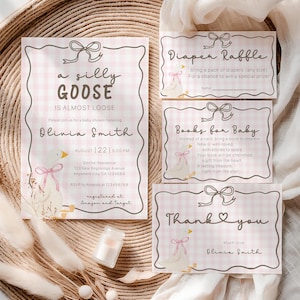 Silly Goose Baby Shower Bundle, Goose Pink Ribbon Baby Shower Template Set, Pink Gingham Silly Goose Almost Loose Baby Shower Template Set