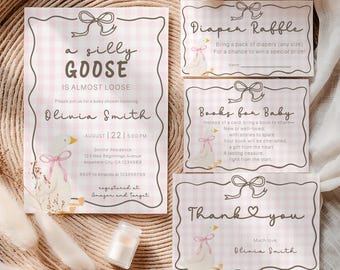 Silly Goose Baby Shower Template Bundle, Pink Gingham (Digital Download)