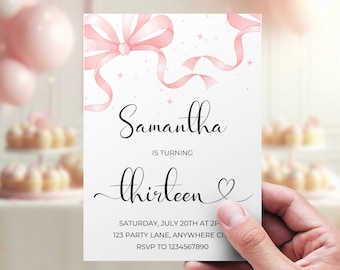 Pink Bow Coquette 13th Birthday Invitation (Digital Download)