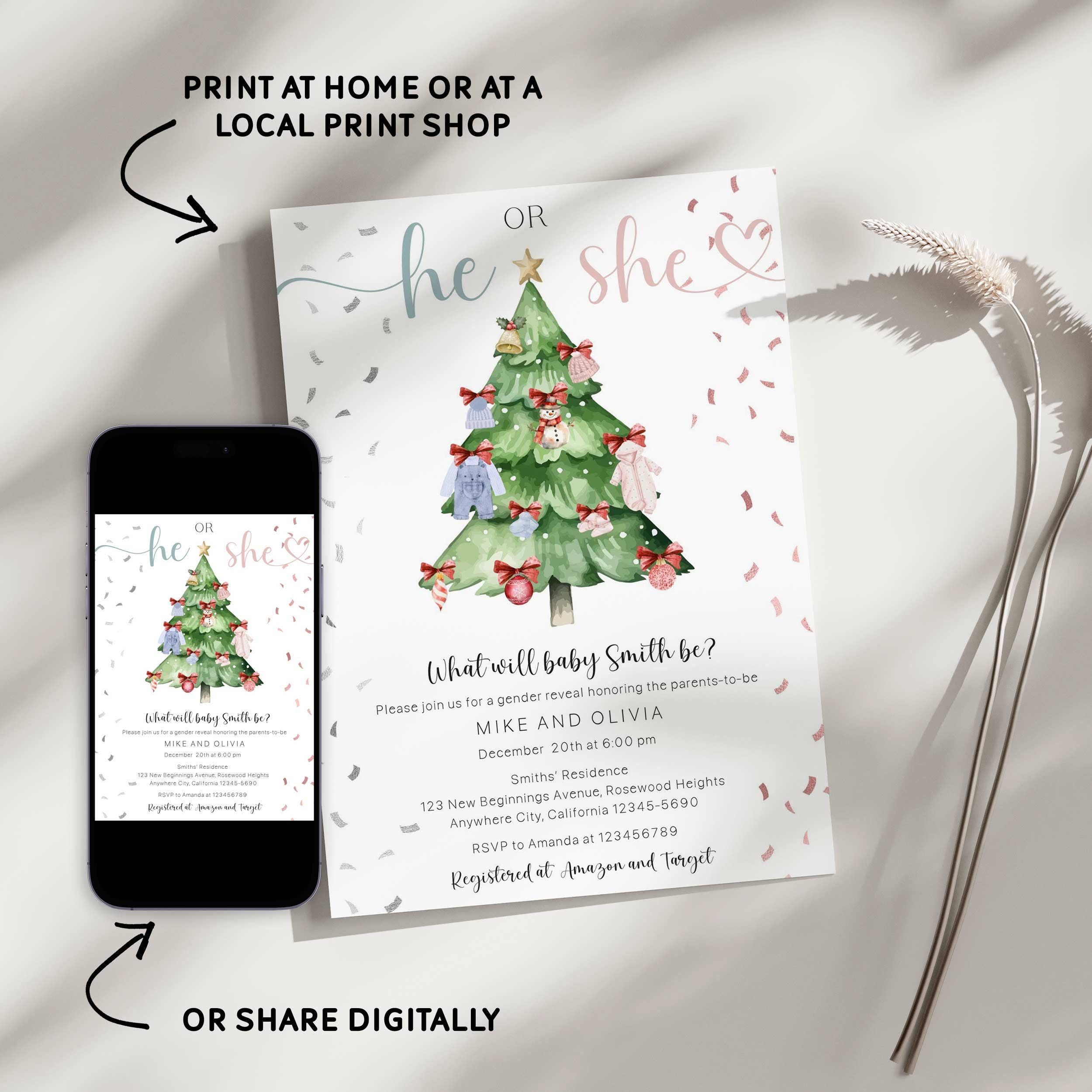 Christmas Tree Gender Reveal Invitation, Winter Holiday Baby Shower ...