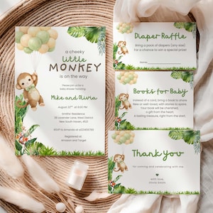 Monkey Baby Shower Invitation Bundle, Cheeky Little Monkey Party Invite Set, Monkey with Balloons Template (Digital Download)