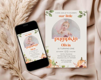 May include: A digital invitation for a first birthday party. The design features the text "our little pumpkin Olivia is turning one" in orange, with a photo of a baby. The invitation includes event details and RSVP information.